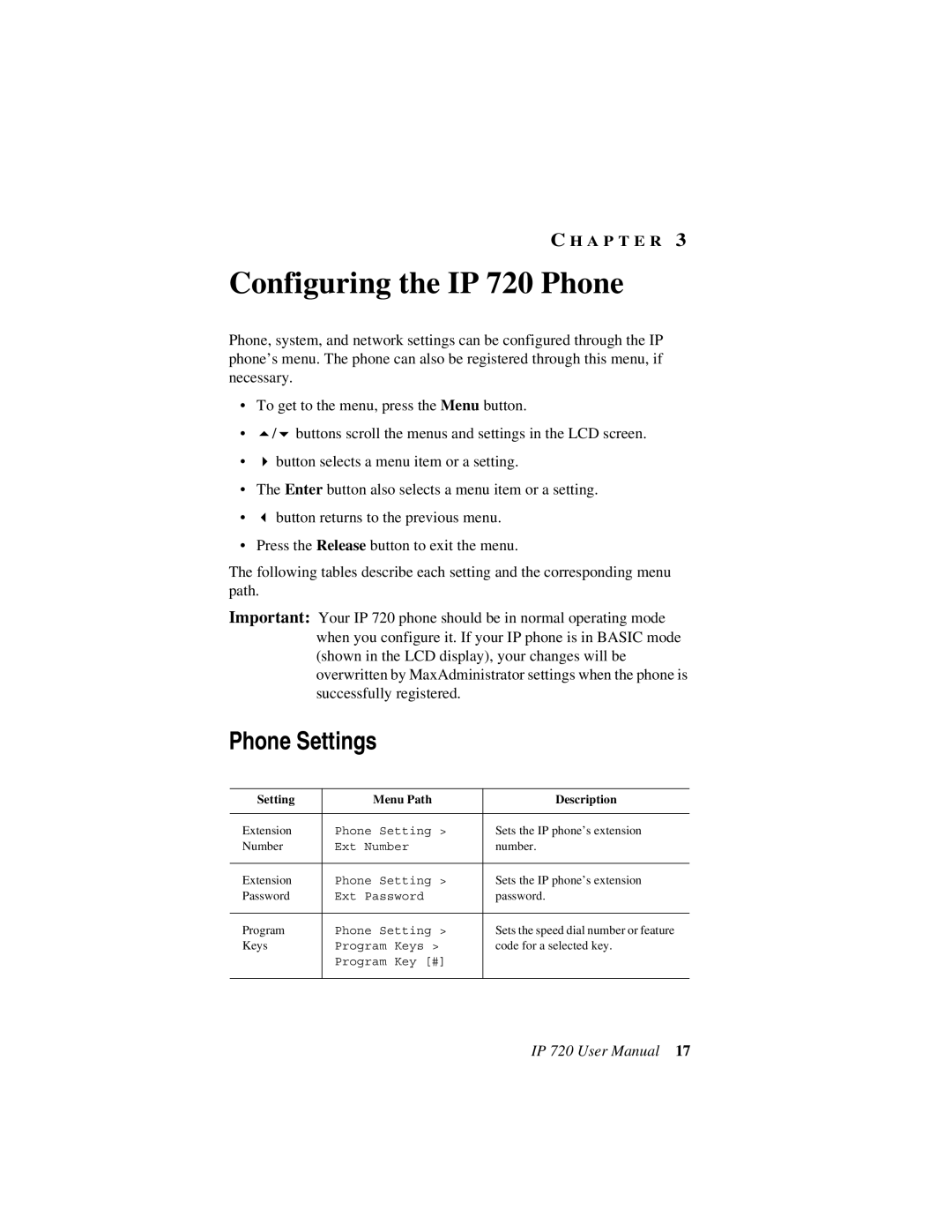 AltiGen comm user manual Configuring the IP 720 Phone, Phone Settings, Setting Menu Path Description 