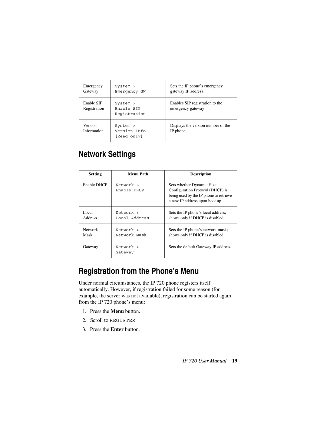 AltiGen comm 720 user manual Network Settings, Registration from the Phone’s Menu 