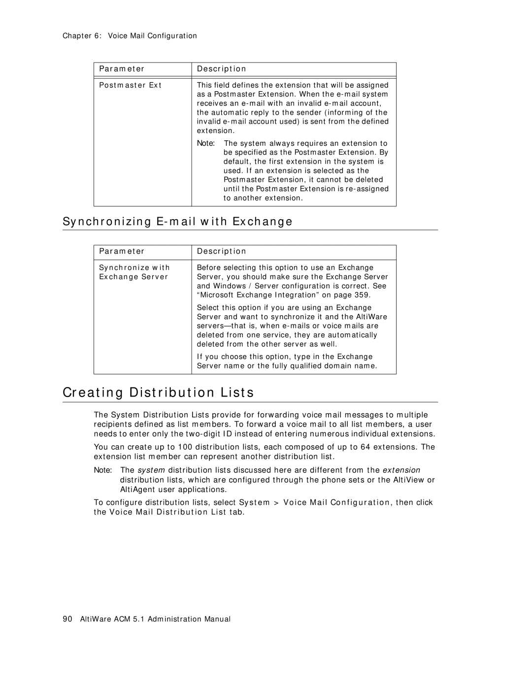 AltiGen comm ACM 5.1 Creating Distribution Lists, Synchronizing E-mail with Exchange, Postmaster Ext, Synchronize with 