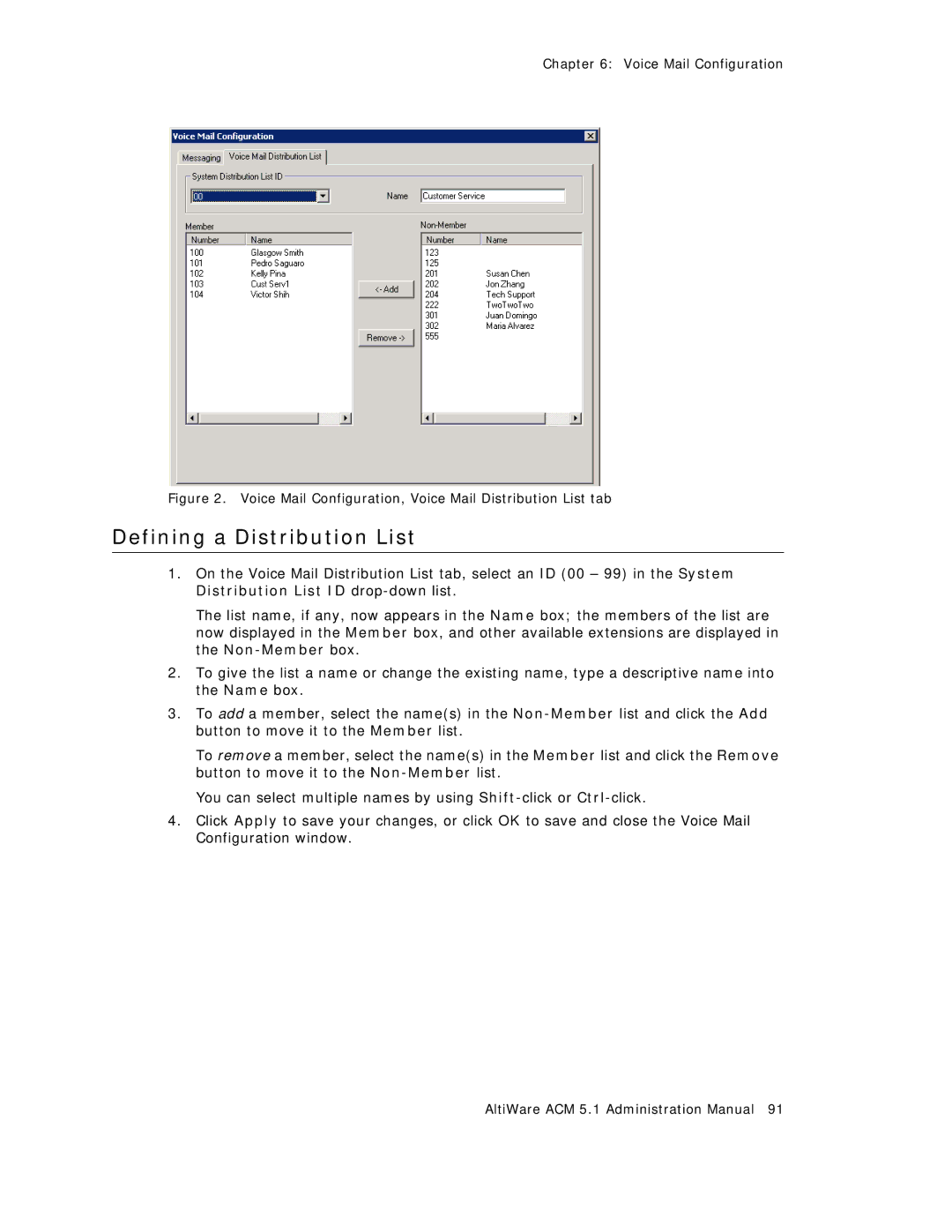 AltiGen comm ACM 5.1 manual Defining a Distribution List, Voice Mail Configuration, Voice Mail Distribution List tab 