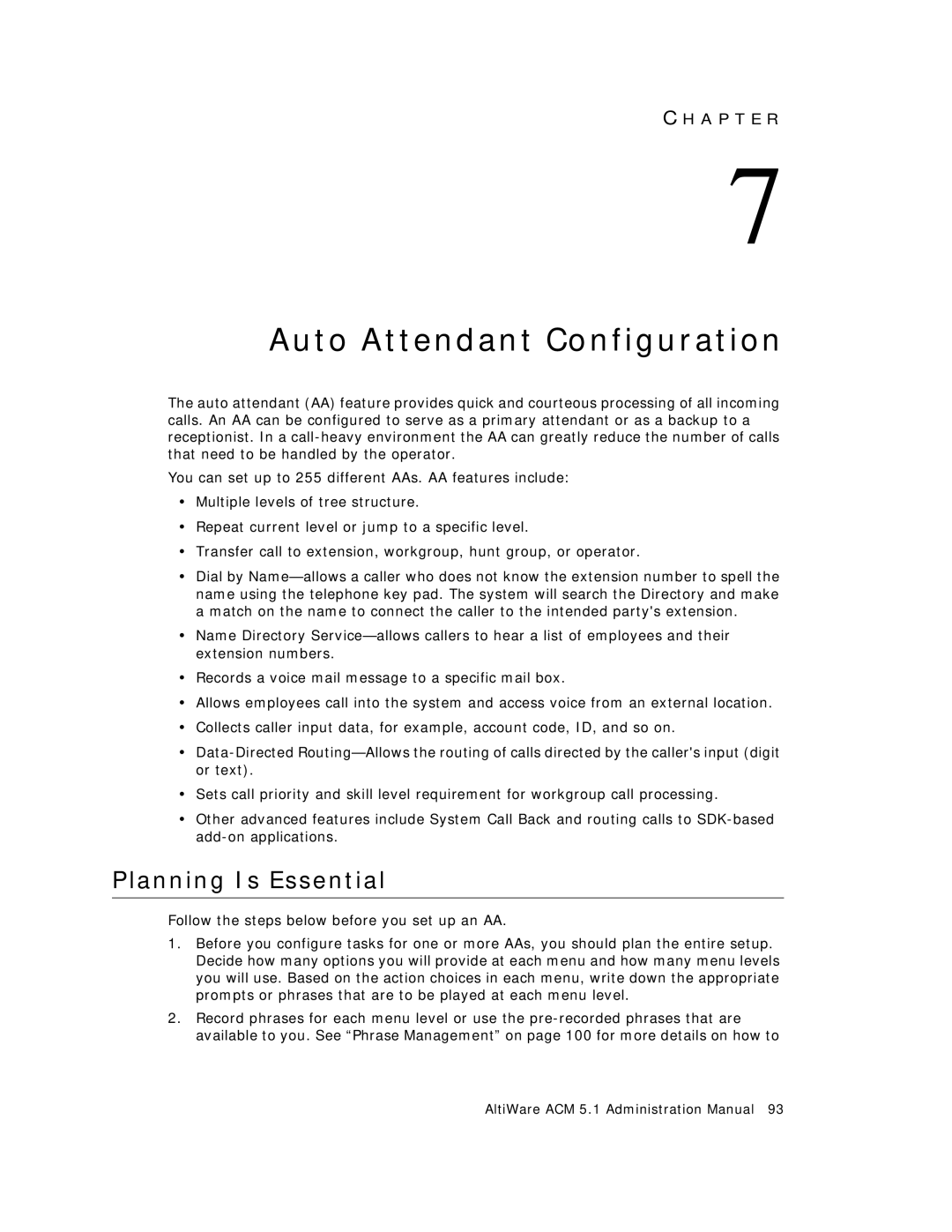 AltiGen comm ACM 5.1 manual Auto Attendant Configuration, Planning Is Essential 