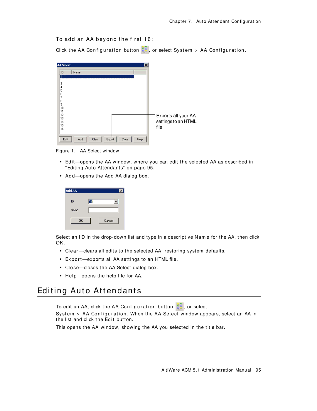 AltiGen comm ACM 5.1 manual Editing Auto Attendants, To add an AA beyond the first 