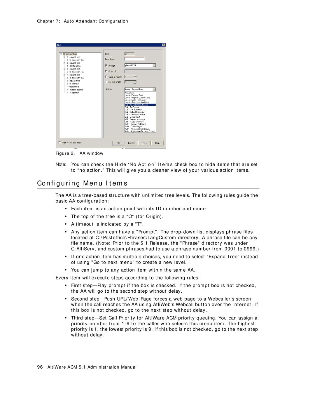 AltiGen comm ACM 5.1 manual Configuring Menu Items, AA window 