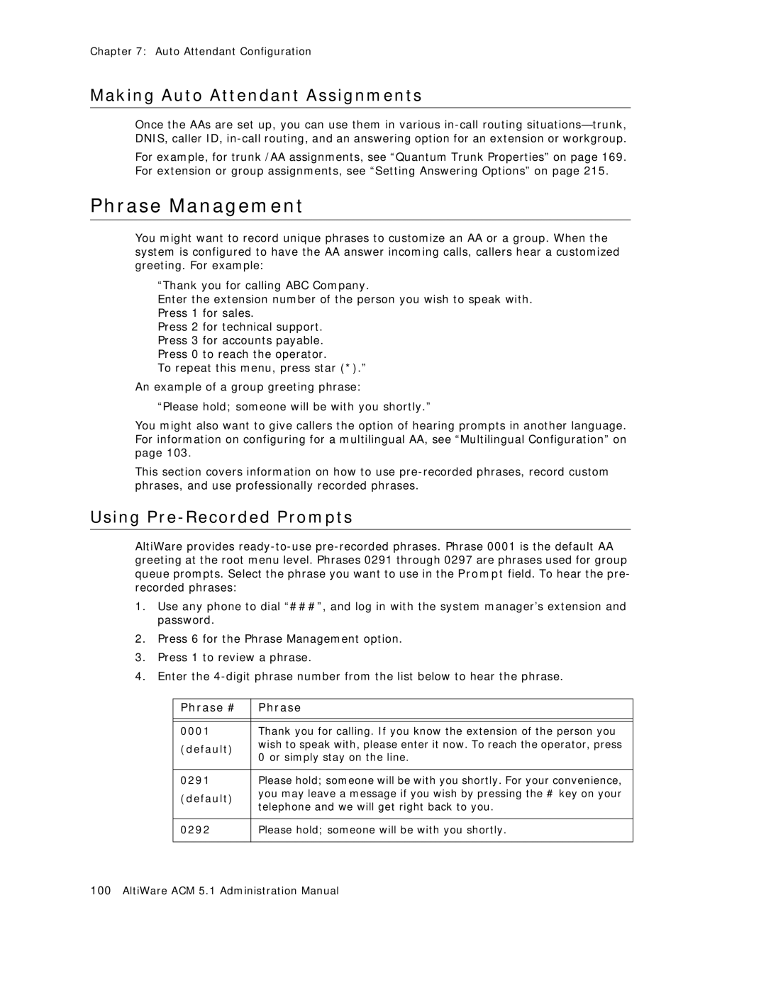 AltiGen comm ACM 5.1 manual Phrase Management, Making Auto Attendant Assignments, Using Pre-Recorded Prompts, Phrase # 