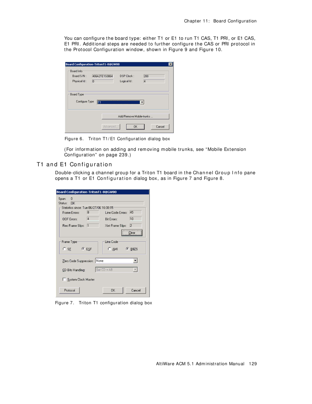 AltiGen comm ACM 5.1 manual T1 and E1 Configuration, Triton T1/E1 Configuration dialog box 