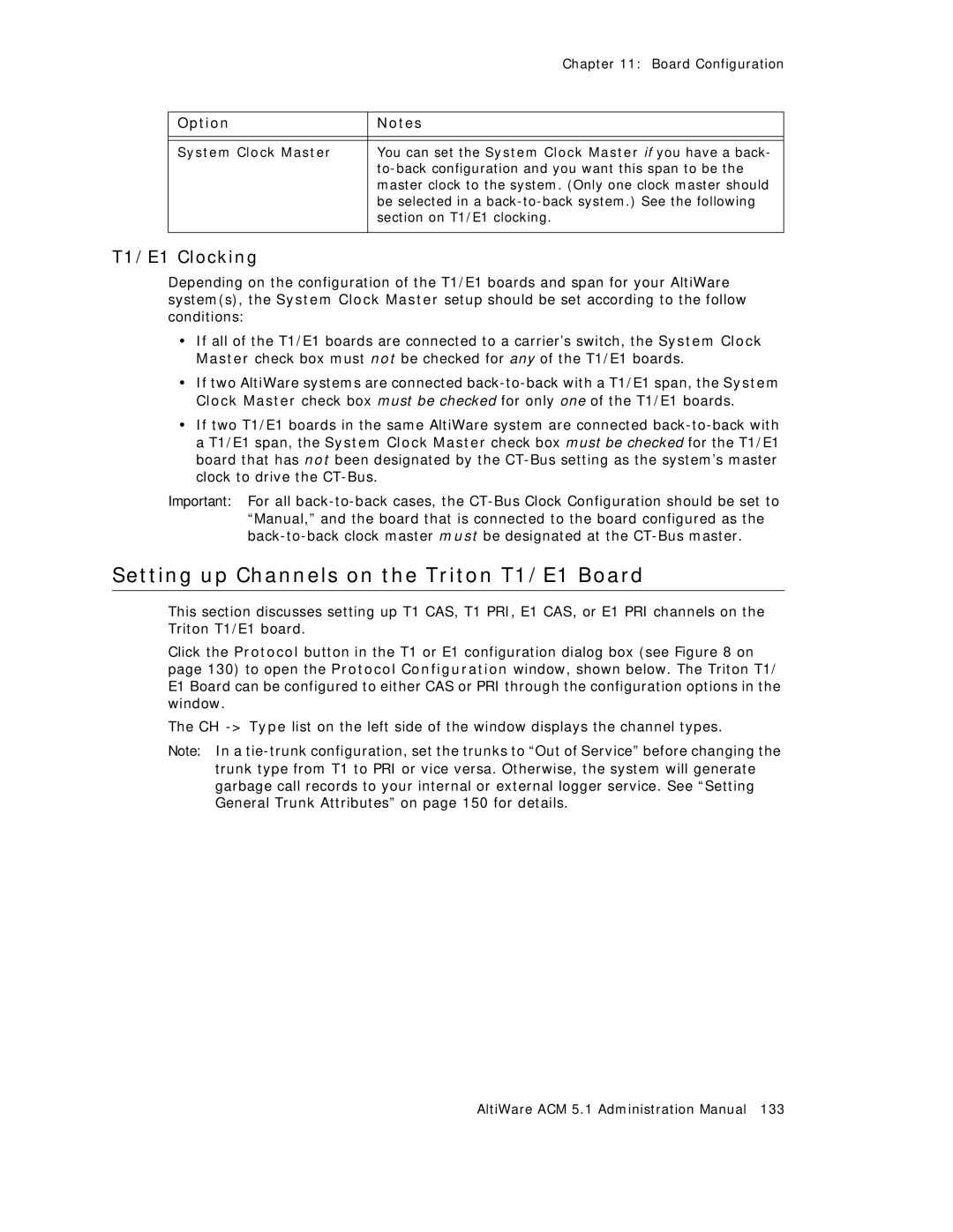 AltiGen comm ACM 5.1 manual Setting up Channels on the Triton T1/E1 Board, T1/E1 Clocking, System Clock Master 