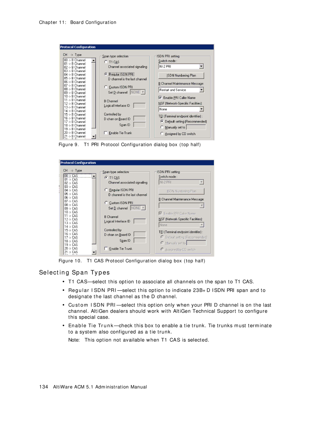 AltiGen comm ACM 5.1 manual Selecting Span Types, T1 PRI Protocol Configuration dialog box top half 