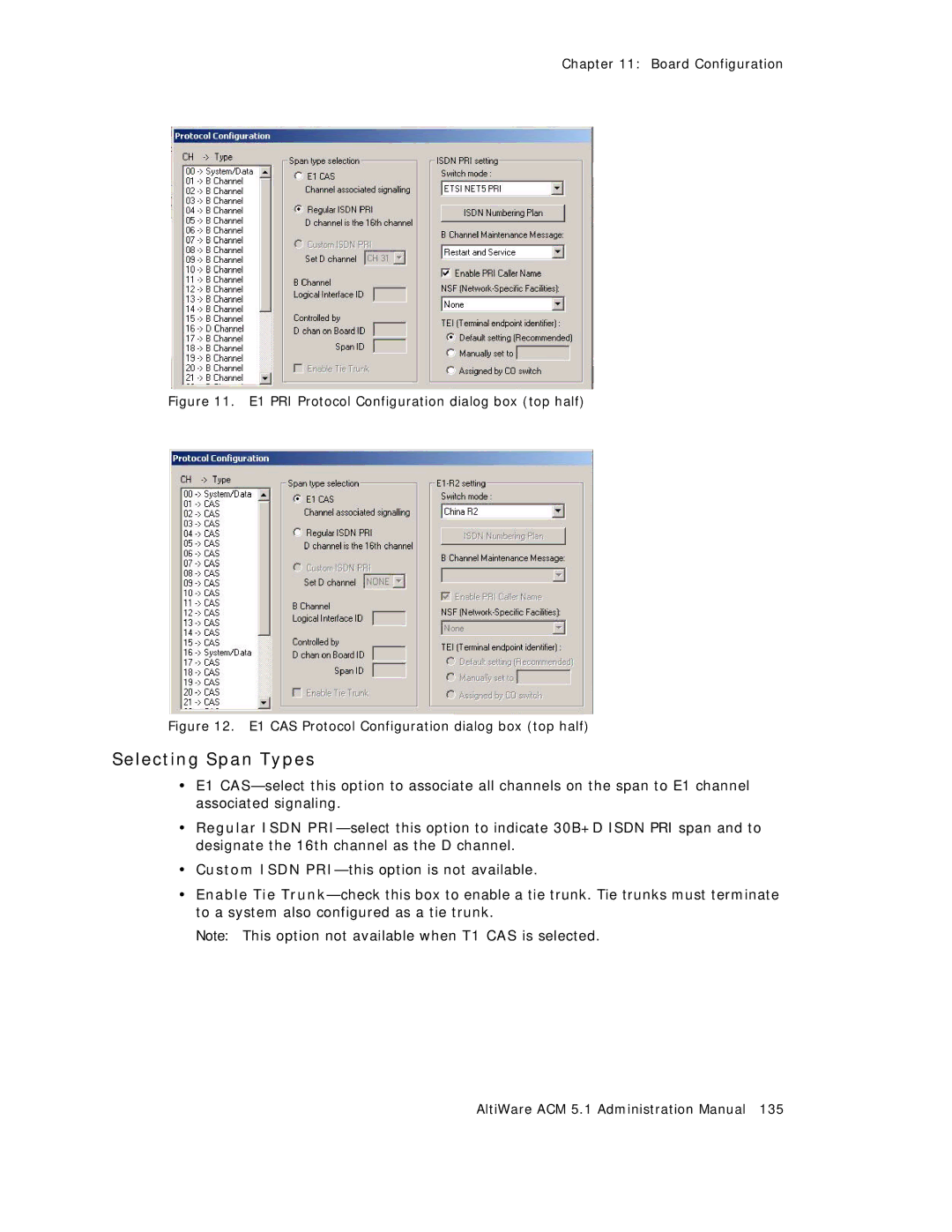 AltiGen comm ACM 5.1 manual E1 PRI Protocol Configuration dialog box top half 