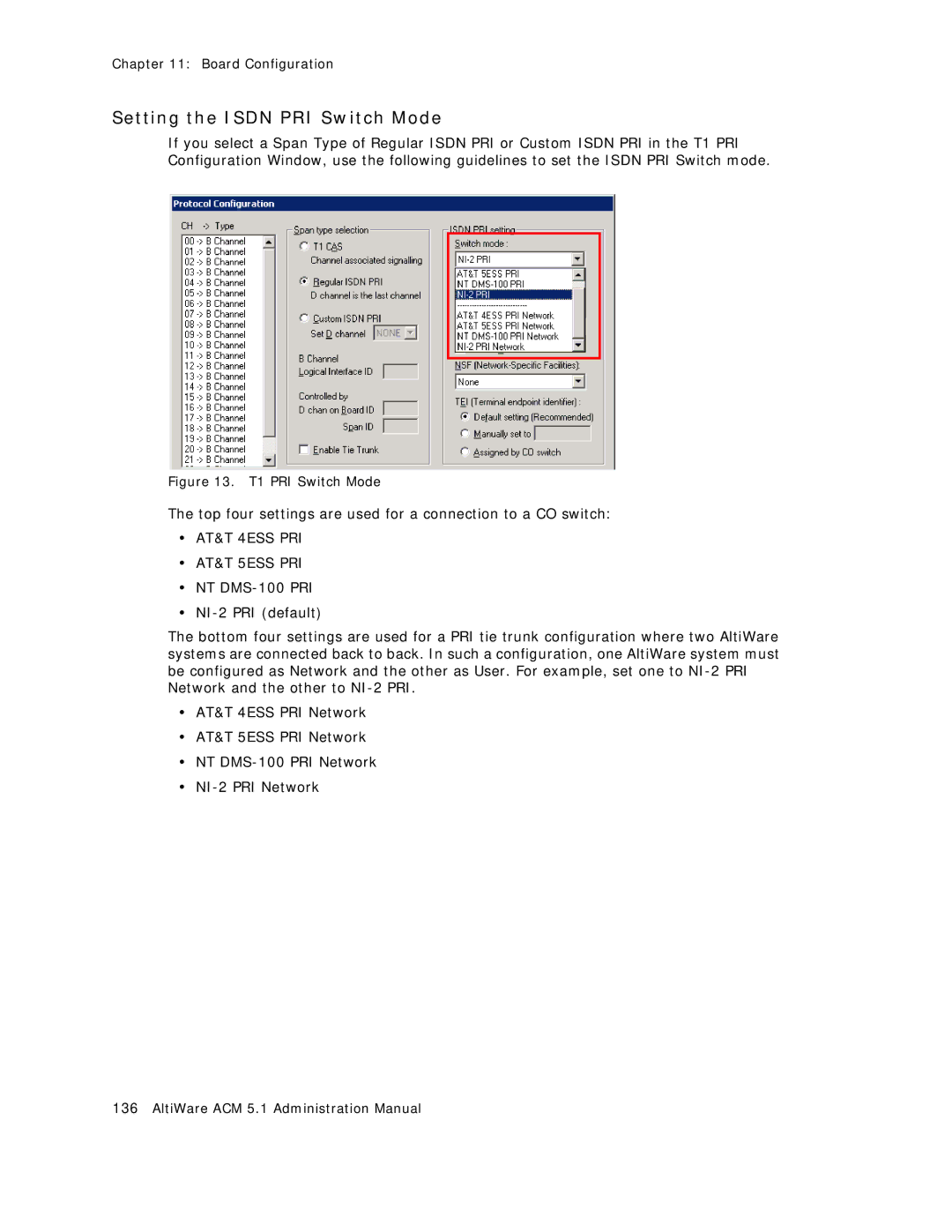 AltiGen comm ACM 5.1 manual Setting the Isdn PRI Switch Mode, AT&T 4ESS PRI AT&T 5ESS PRI 