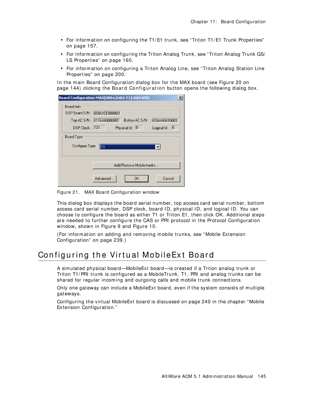 AltiGen comm ACM 5.1 manual Configuring the Virtual MobileExt Board, MAX Board Configuration window 