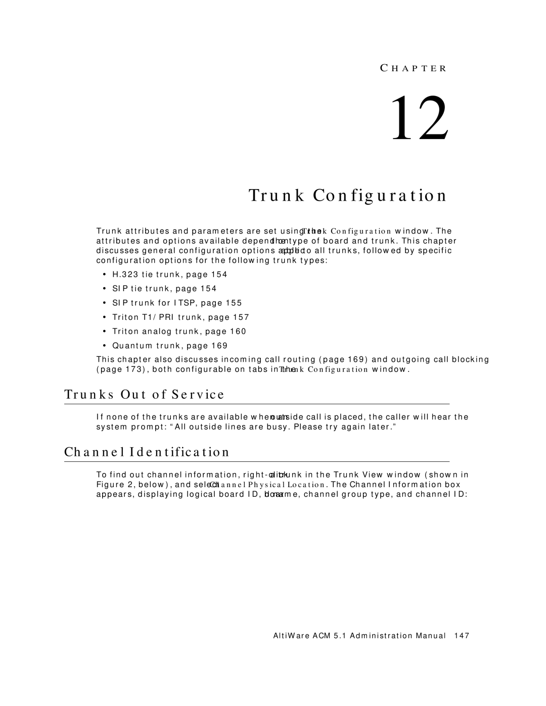 AltiGen comm ACM 5.1 manual Trunk Configuration, Trunks Out of Service, Channel Identification 