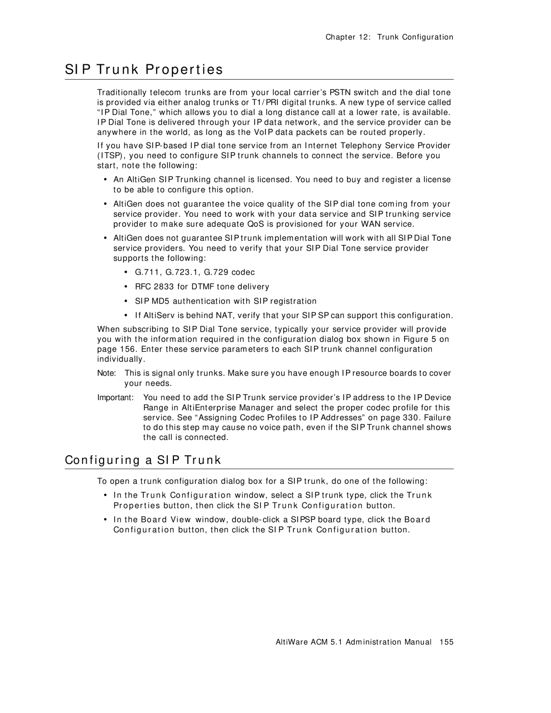 AltiGen comm ACM 5.1 manual SIP Trunk Properties, Configuring a SIP Trunk 