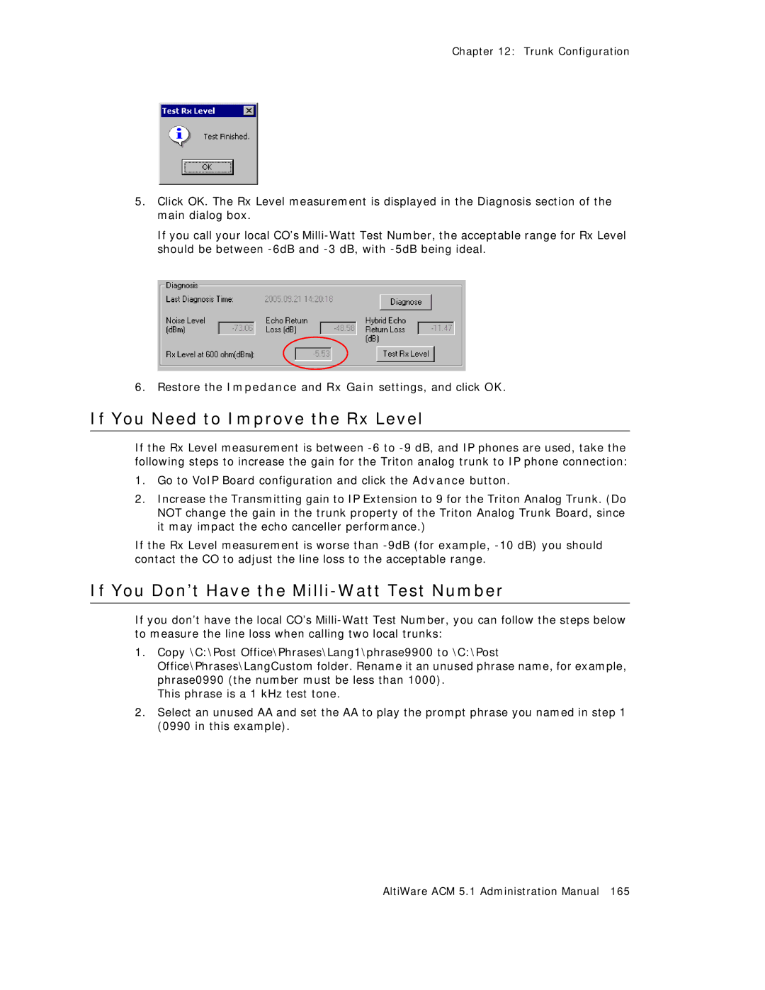 AltiGen comm ACM 5.1 manual If You Need to Improve the Rx Level, If You Don’t Have the Milli-Watt Test Number 