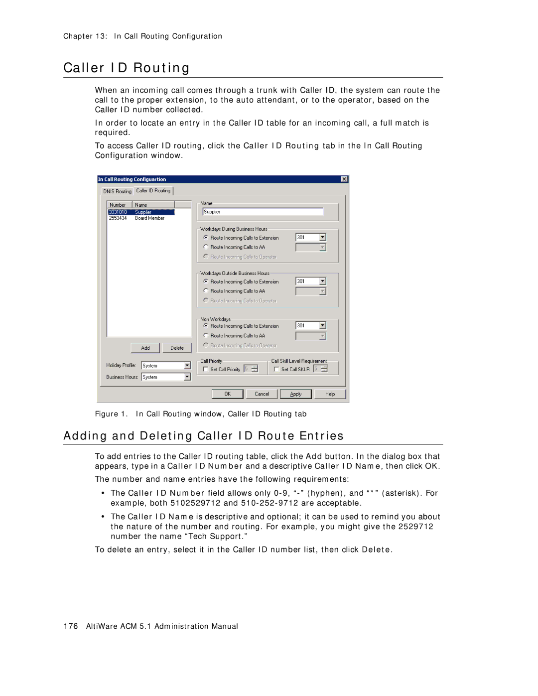 AltiGen comm ACM 5.1 manual Caller ID Routing, Adding and Deleting Caller ID Route Entries 