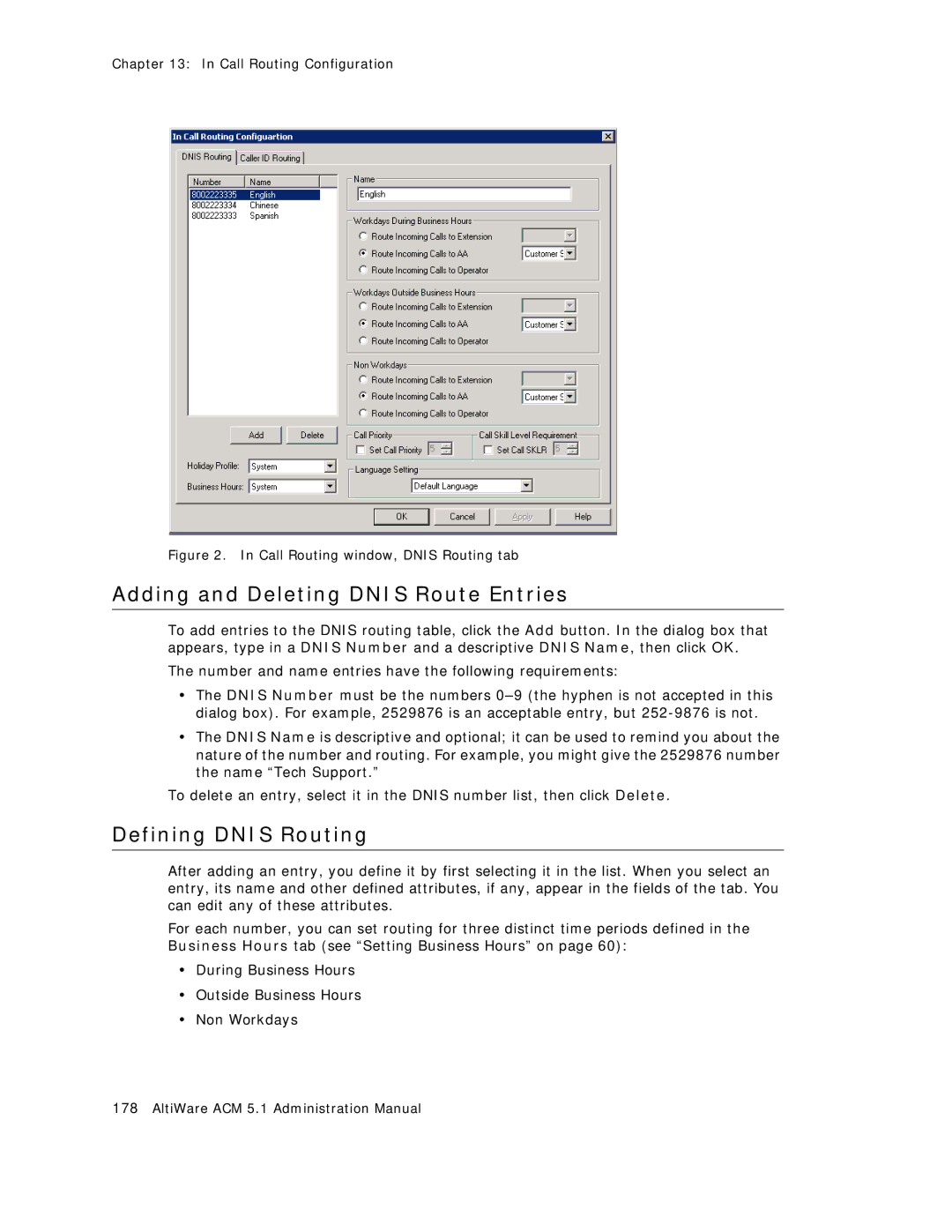 AltiGen comm ACM 5.1 manual Adding and Deleting Dnis Route Entries, Defining Dnis Routing 