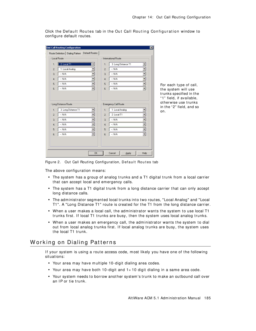 AltiGen comm ACM 5.1 manual Working on Dialing Patterns, Out Call Routing Configuration, Default Routes tab 