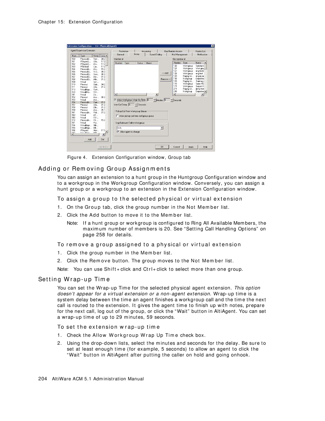 AltiGen comm ACM 5.1 manual Adding or Removing Group Assignments, Setting Wrap-up Time, To set the extension wrap-up time 