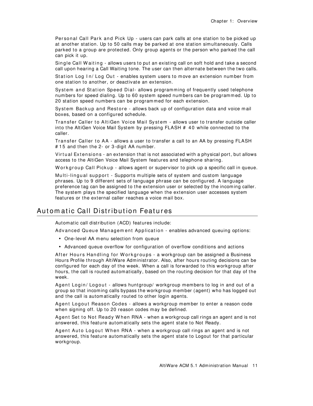 AltiGen comm ACM 5.1 manual Automatic Call Distribution Features 