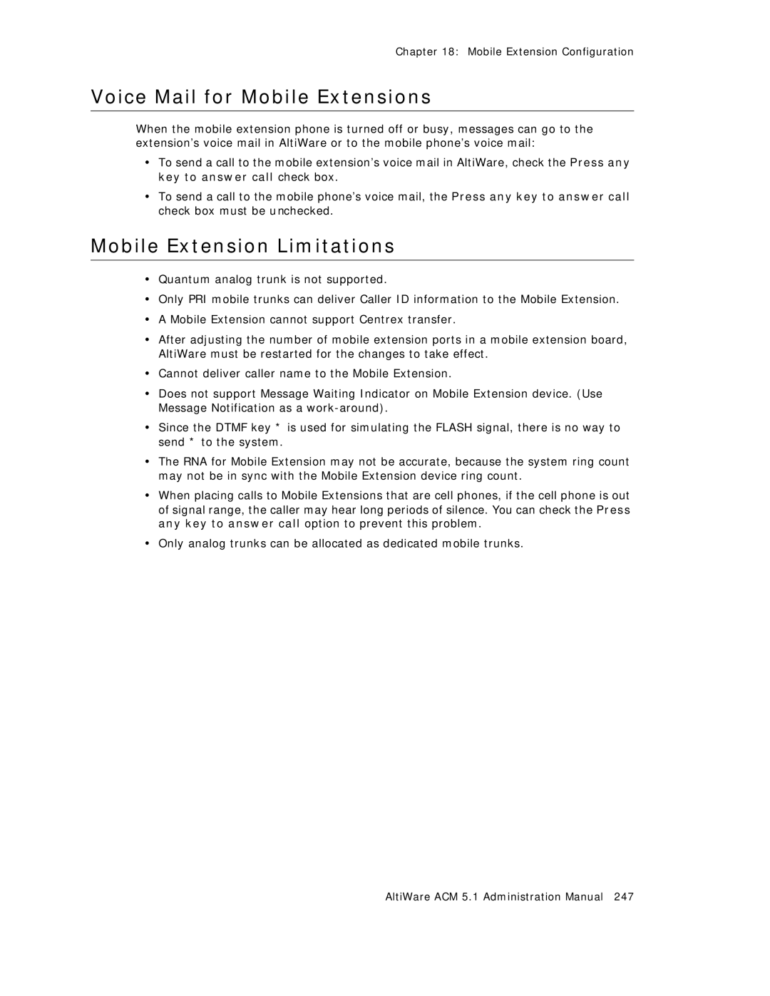 AltiGen comm ACM 5.1 manual Voice Mail for Mobile Extensions, Mobile Extension Limitations 