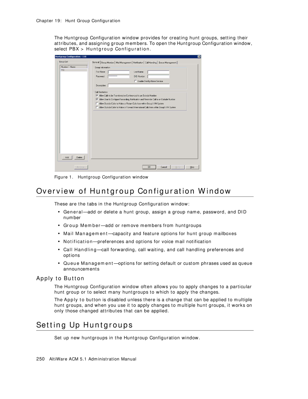 AltiGen comm ACM 5.1 manual Overview of Huntgroup Configuration Window, Setting Up Huntgroups 