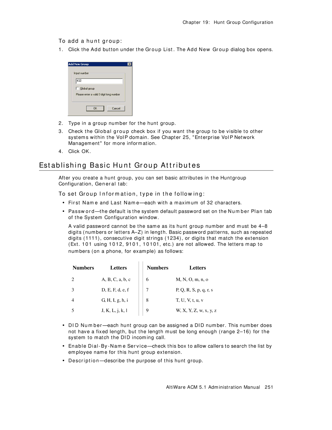 AltiGen comm ACM 5.1 manual Establishing Basic Hunt Group Attributes, To add a hunt group 