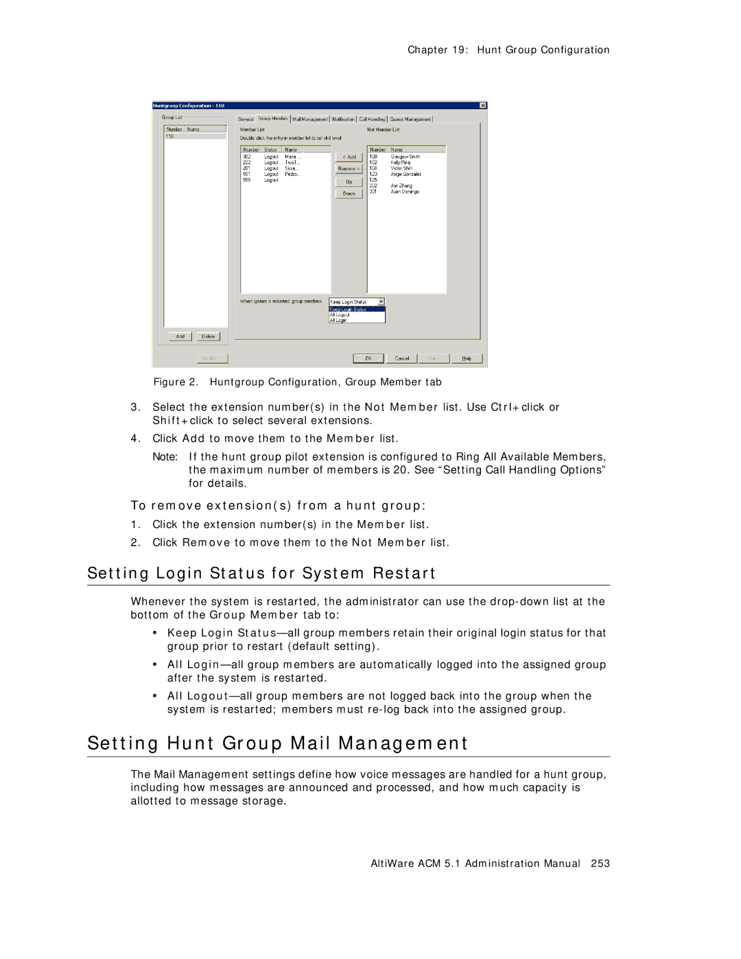 AltiGen comm ACM 5.1 manual Setting Hunt Group Mail Management, Setting Login Status for System Restart 