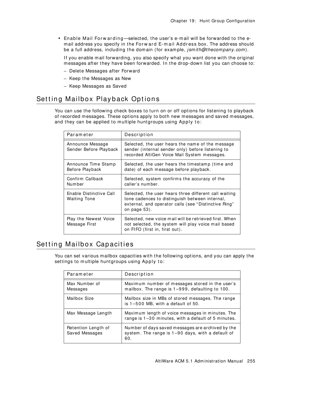 AltiGen comm ACM 5.1 manual Setting Mailbox Playback Options, Parameter Description 