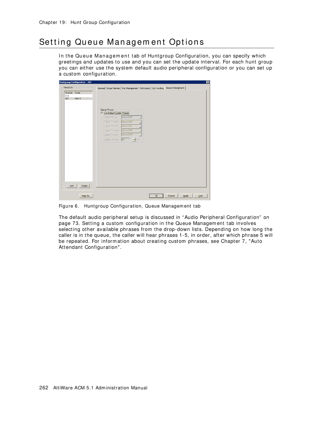 AltiGen comm ACM 5.1 manual Setting Queue Management Options, Huntgroup Configuration, Queue Management tab 