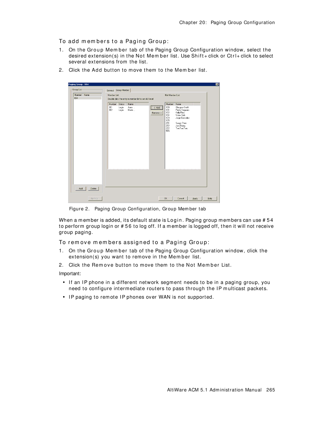 AltiGen comm ACM 5.1 manual To add members to a Paging Group, To remove members assigned to a Paging Group 