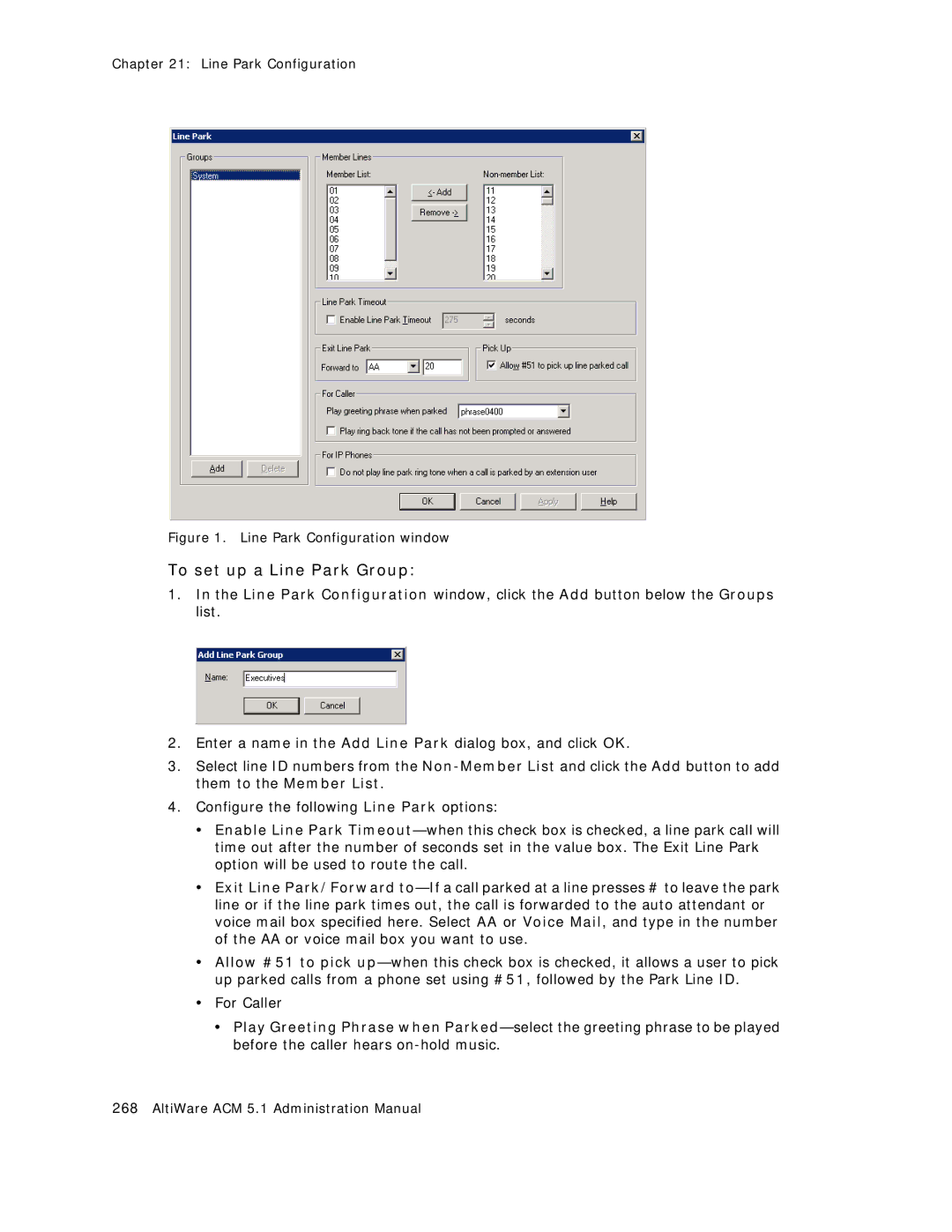 AltiGen comm ACM 5.1 manual To set up a Line Park Group, Line Park Configuration window 