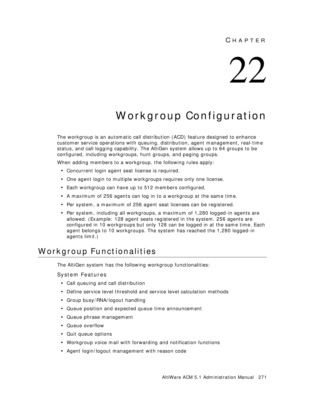 AltiGen comm ACM 5.1 manual Workgroup Configuration, Workgroup Functionalities, System Features 