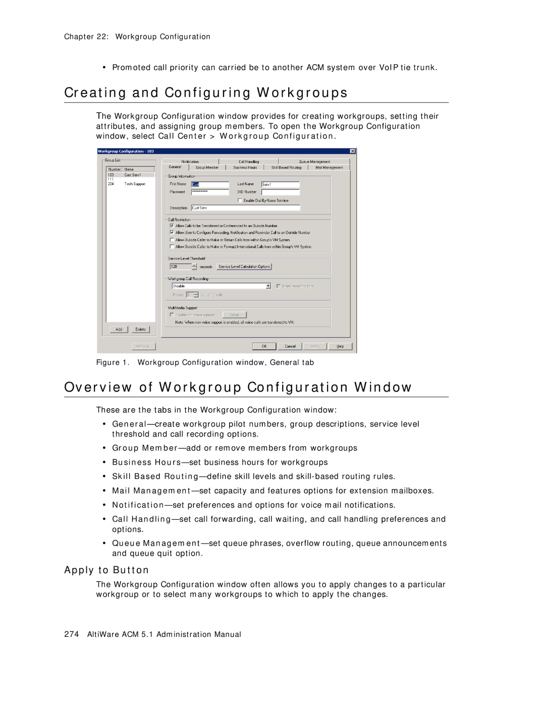 AltiGen comm ACM 5.1 manual Creating and Configuring Workgroups, Overview of Workgroup Configuration Window 