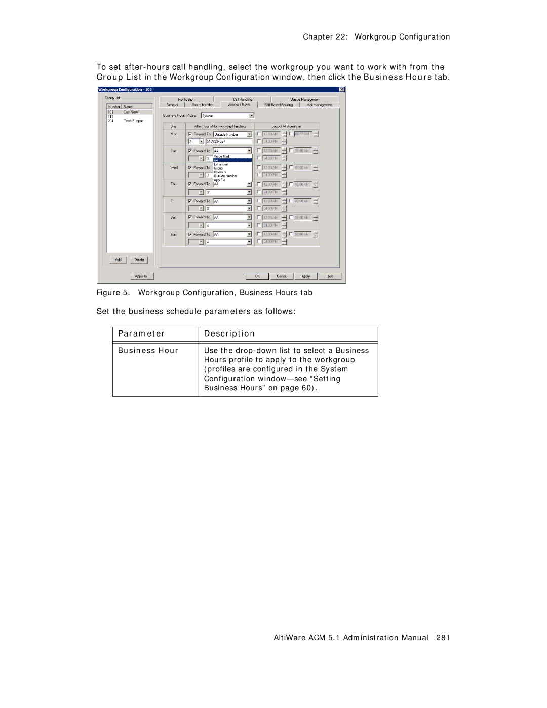 AltiGen comm ACM 5.1 manual Workgroup Configuration, Business Hours tab 