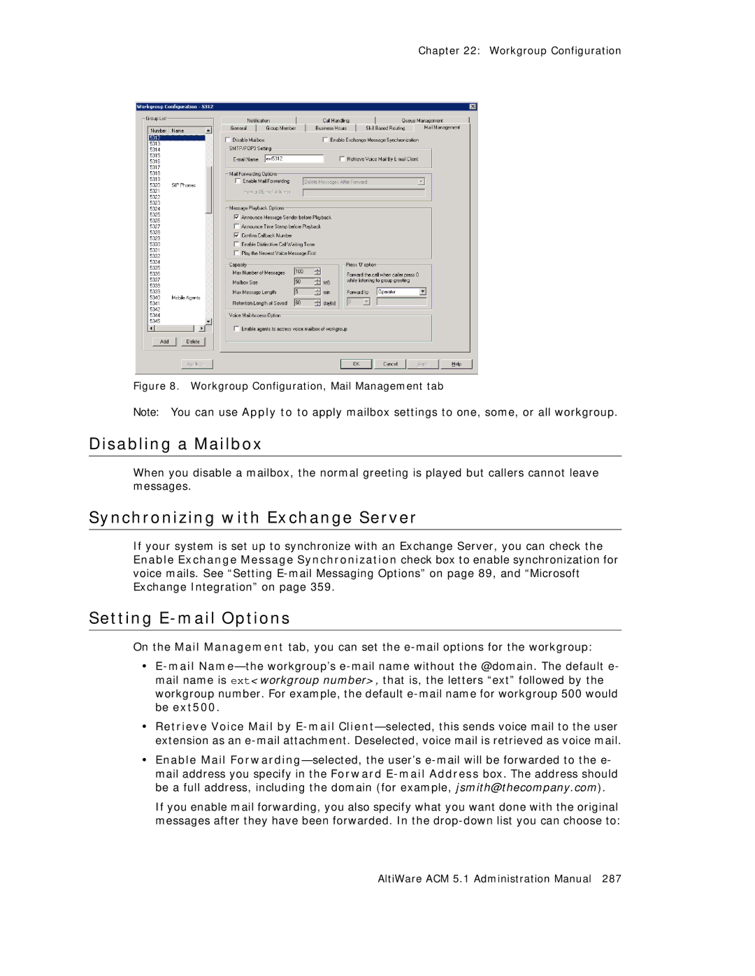 AltiGen comm ACM 5.1 manual Workgroup Configuration, Mail Management tab 