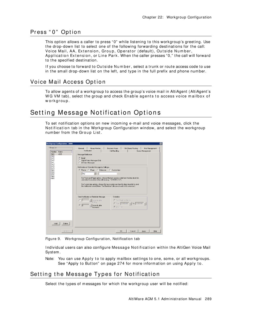 AltiGen comm ACM 5.1 manual Voice Mail Access Option, Workgroup Configuration, Notification tab 