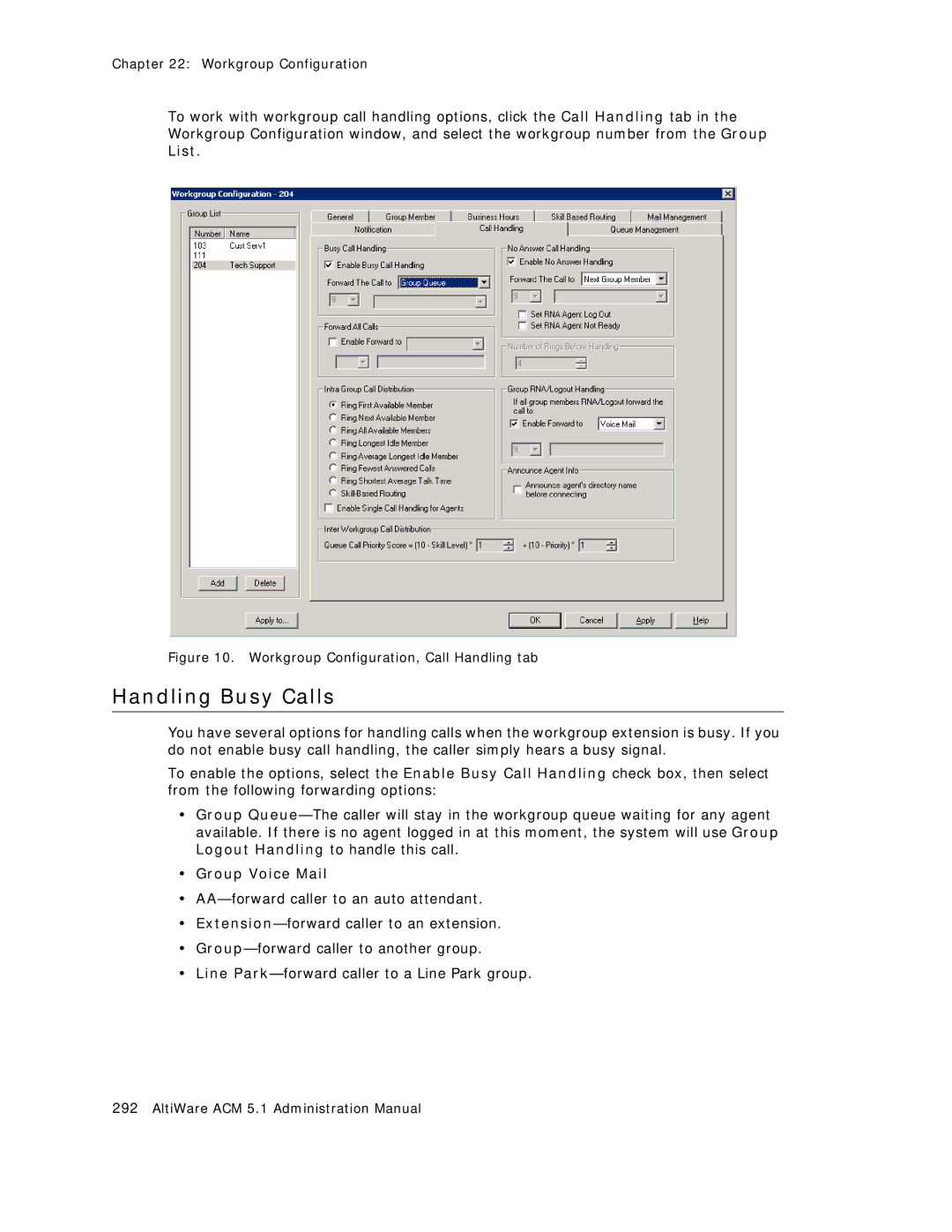 AltiGen comm ACM 5.1 manual Group Voice Mail, Workgroup Configuration, Call Handling tab 