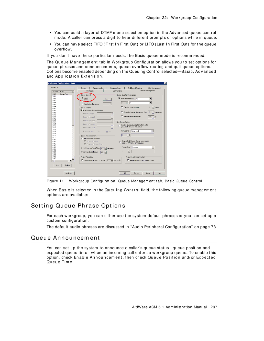 AltiGen comm ACM 5.1 manual Setting Queue Phrase Options, Queue Announcement 