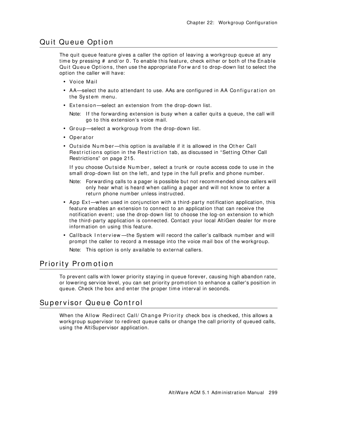 AltiGen comm ACM 5.1 manual Quit Queue Option, Priority Promotion, Supervisor Queue Control, Voice Mail, Operator 