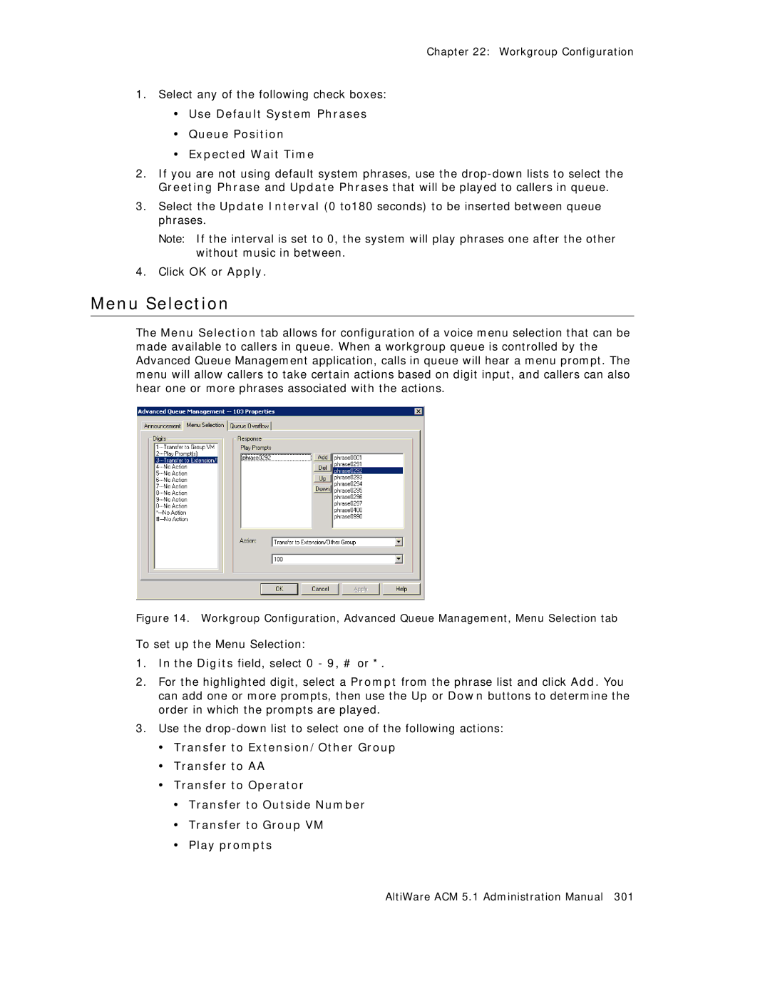 AltiGen comm ACM 5.1 manual Menu Selection, Use Default System Phrases Queue Position Expected Wait Time 