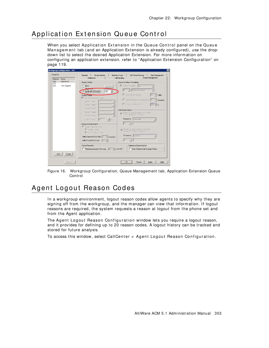 AltiGen comm ACM 5.1 manual Application Extension Queue Control, Agent Logout Reason Codes 