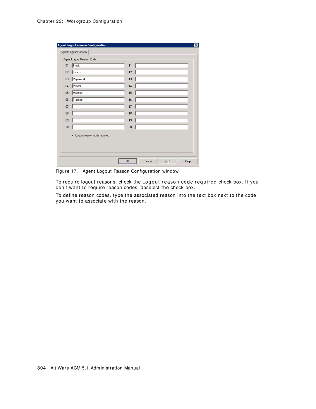 AltiGen comm ACM 5.1 manual Agent Logout Reason Configuration window 