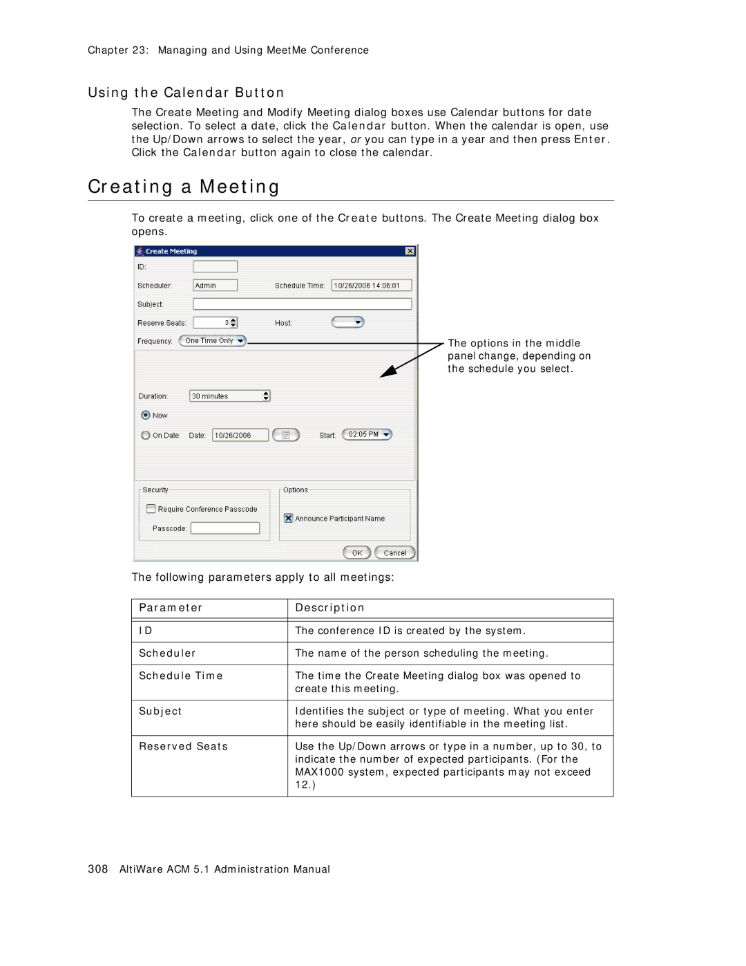 AltiGen comm ACM 5.1 manual Creating a Meeting, Using the Calendar Button 