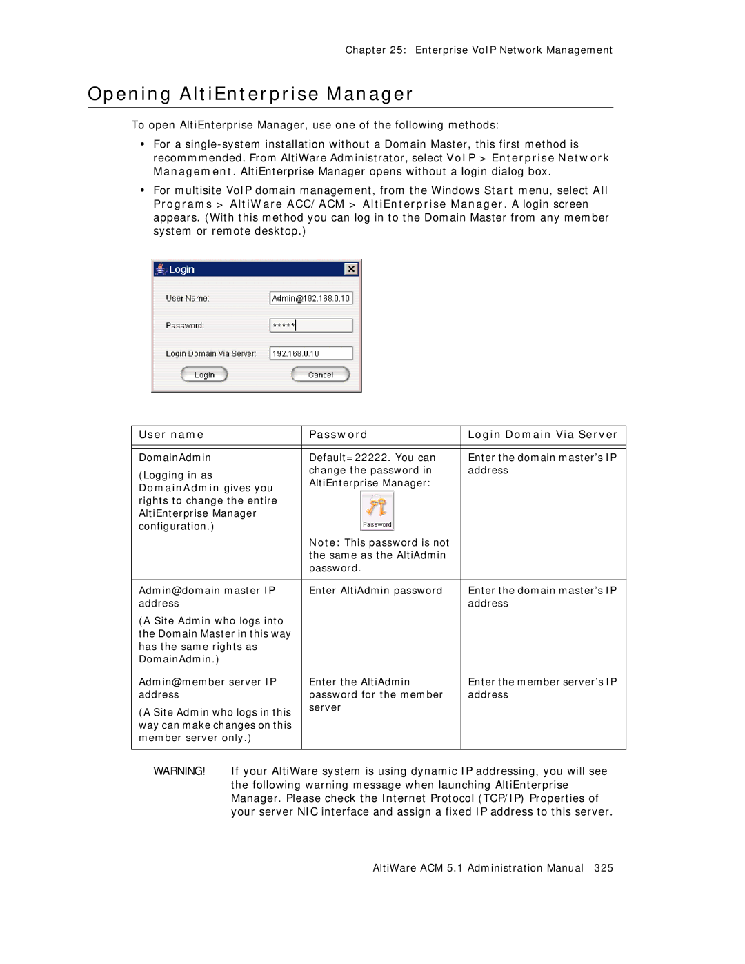 AltiGen comm ACM 5.1 Opening AltiEnterprise Manager, User name Password Login Domain Via Server, DomainAdmin gives you 