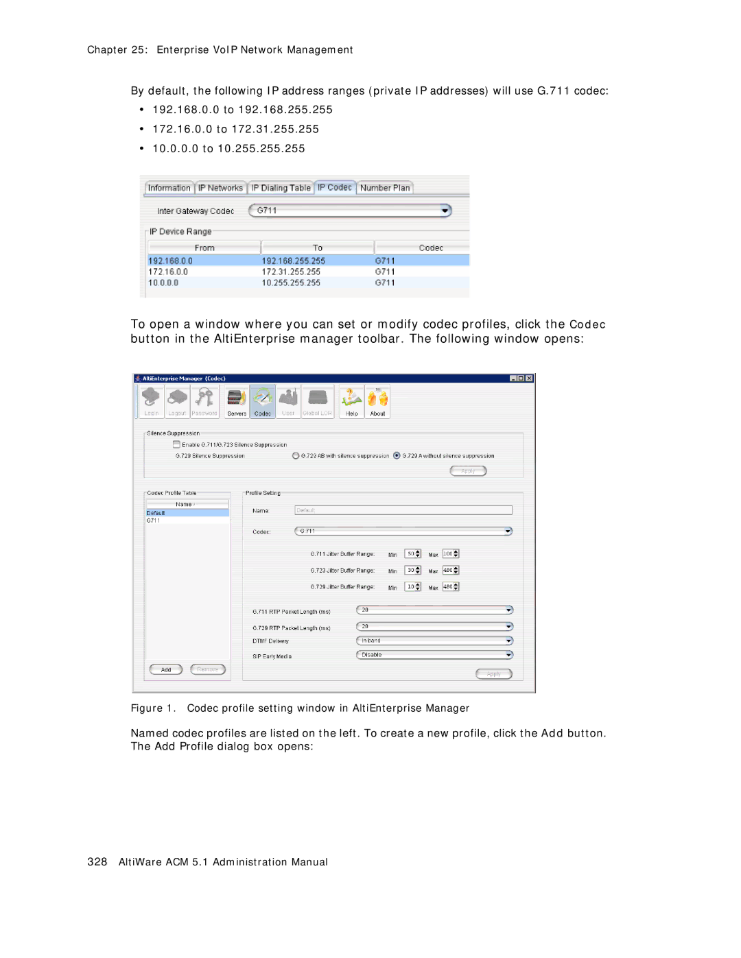 AltiGen comm ACM 5.1 manual Codec profile setting window in AltiEnterprise Manager 