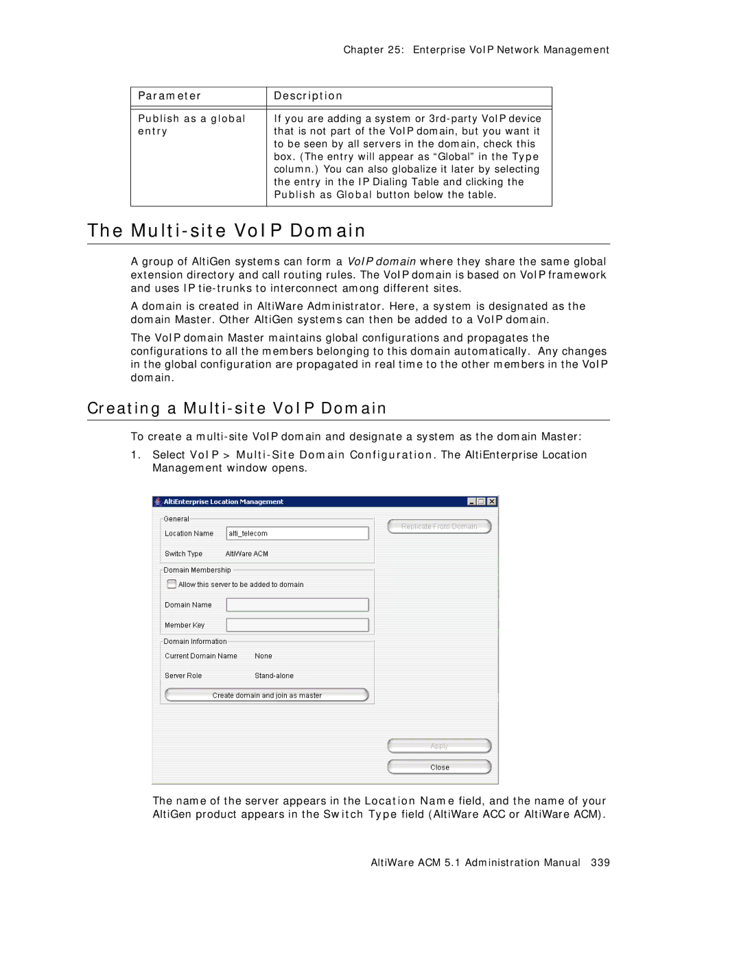 AltiGen comm ACM 5.1 manual Creating a Multi-site VoIP Domain, Publish as a global, Entry 