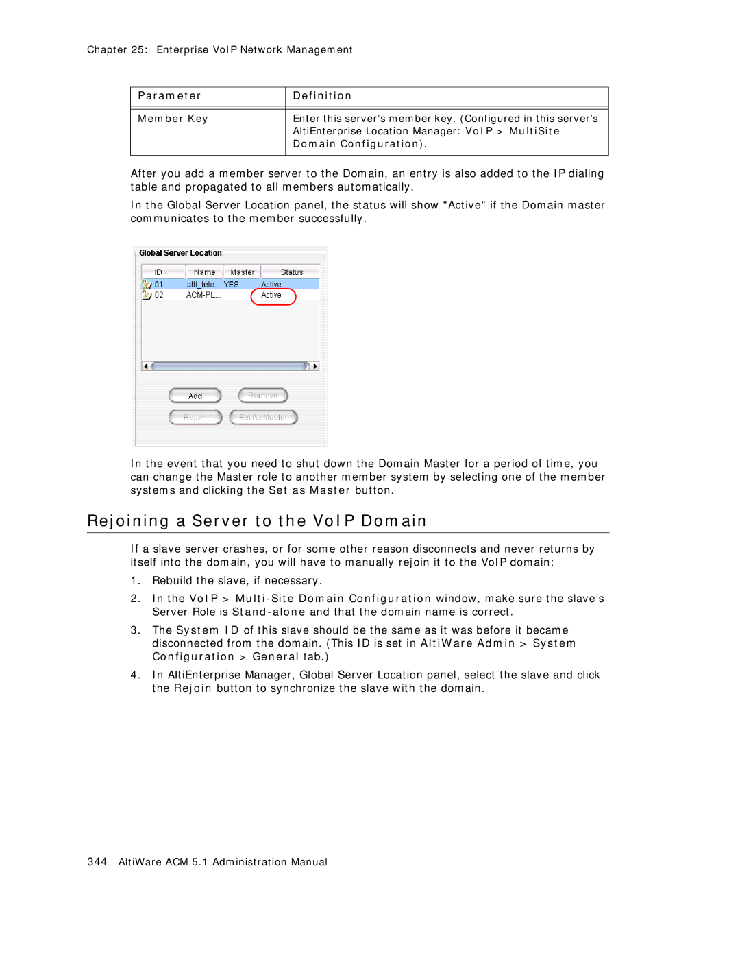 AltiGen comm ACM 5.1 manual Rejoining a Server to the VoIP Domain 