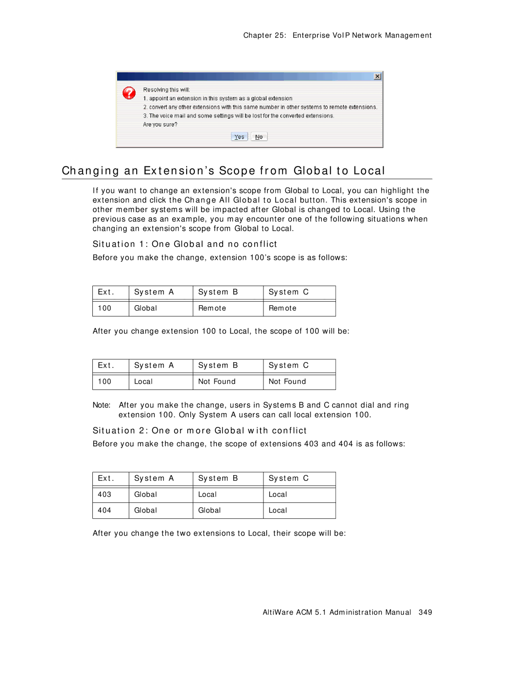 AltiGen comm ACM 5.1 manual Changing an Extension’s Scope from Global to Local, Situation 1 One Global and no conflict 
