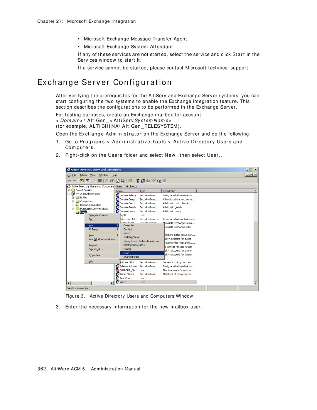 AltiGen comm ACM 5.1 manual Exchange Server Configuration, Active Directory Users and Computers Window 