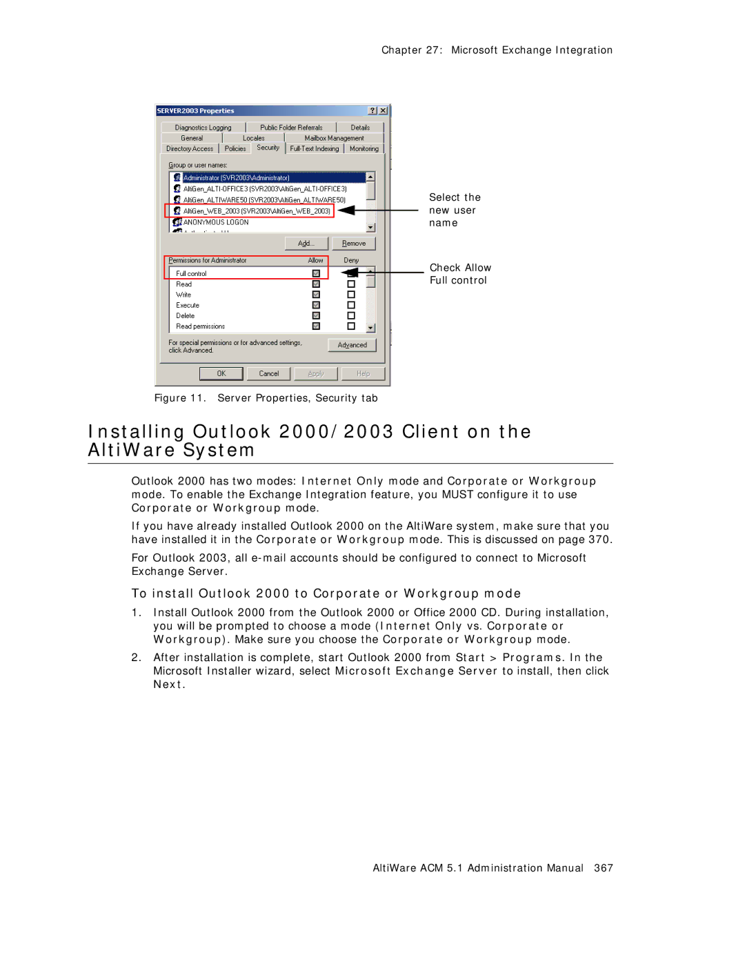 AltiGen comm ACM 5.1 manual Installing Outlook 2000/2003 Client on the AltiWare System 