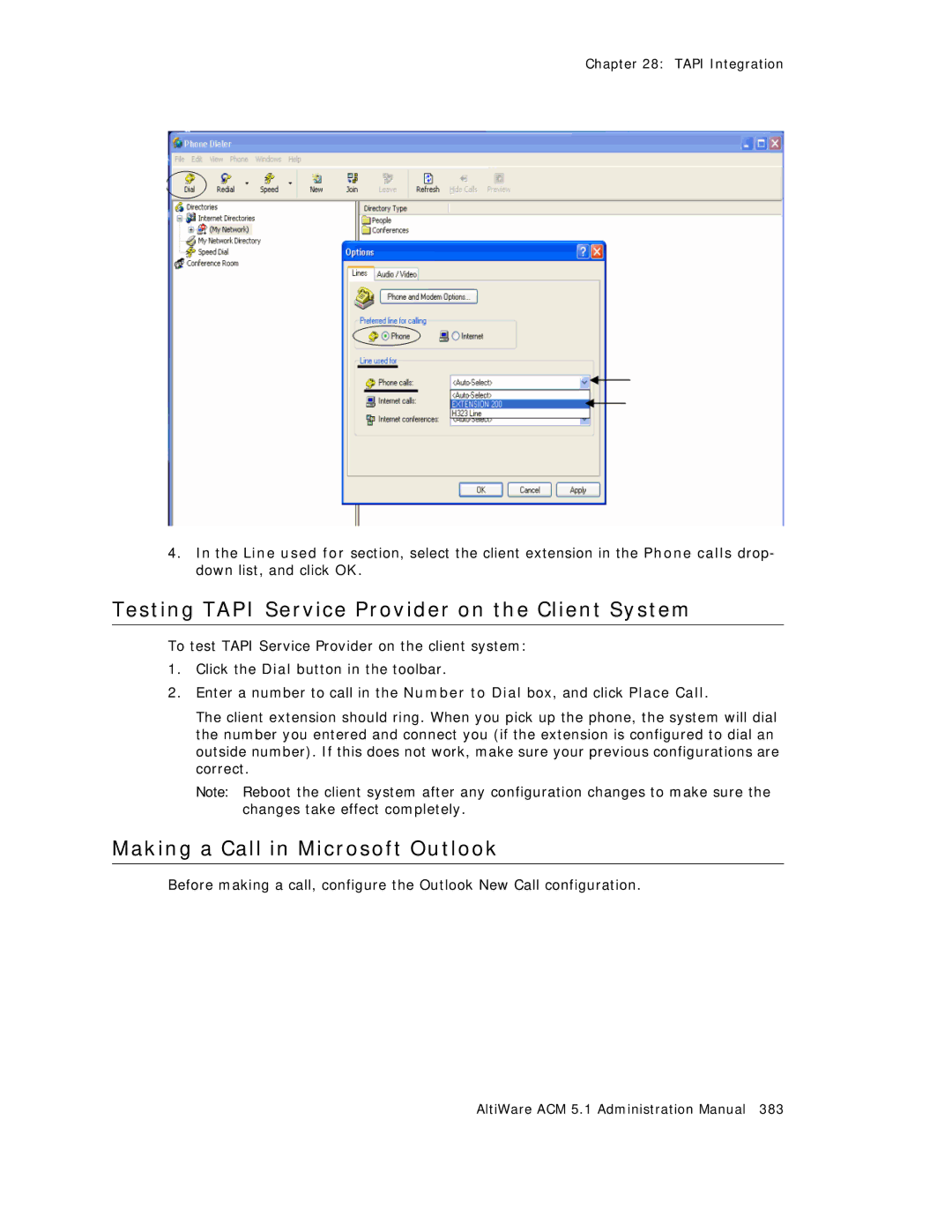 AltiGen comm ACM 5.1 manual Testing Tapi Service Provider on the Client System, Making a Call in Microsoft Outlook 